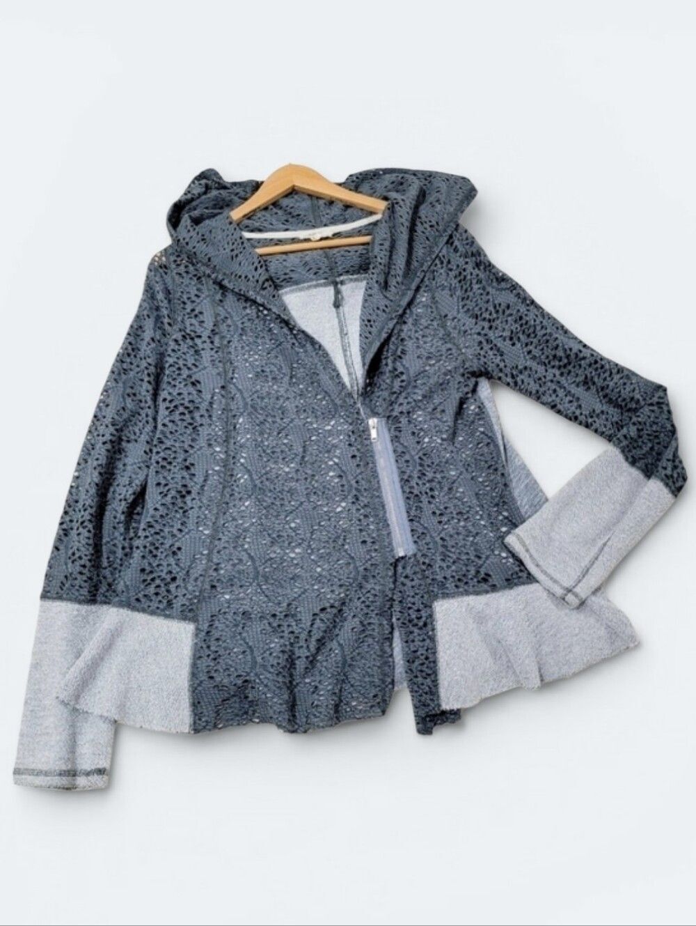 Mystree Lace Crochet Accent Asymmetrical Raw Hem Full Zip Hoodie Jacket Grey L